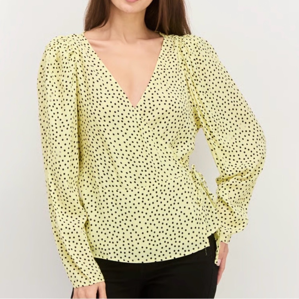 Mango Wrap Blouse Top Yellow Black Polka Dot 4